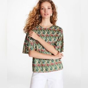Womens Brooks Brothers Sz 6 Bamboo Floral Print Ruffle Bell Short Sleeve Blouse